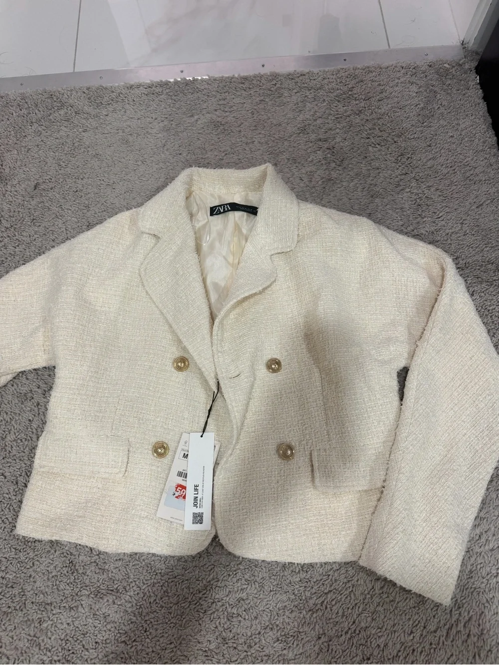 Zara Boucle tweed Double-Breasted Blazer Jacket with Gold Buttons NEW WITH TAGS - Picture 1 of 3